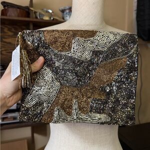 Guadalupe Design Beaded Tassel Clutch Purse, Silver and Gold Abstract Pattern